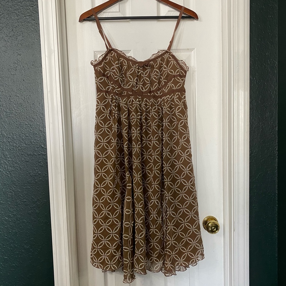 Brown and White Circles Silk Chiffon Dress Size 6